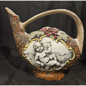 Vintage Pitcher Vase Cherub Angel Fruit Bischoff - Hand Painted Italy - 7.5"